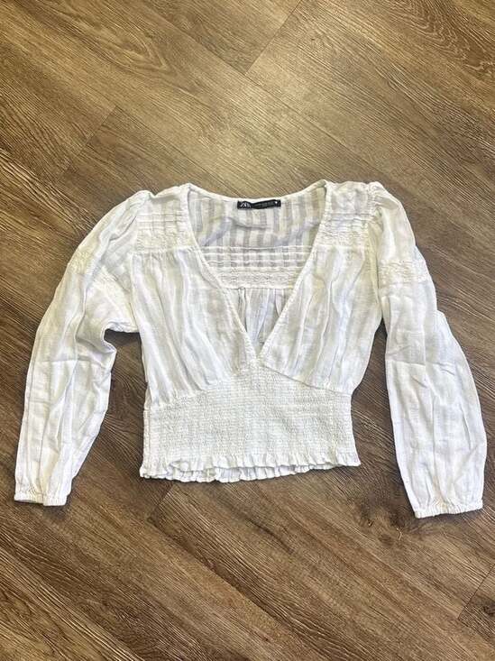 ZARA White Smocked Waist Crochet Trim V-Neck Puff Sleeve Blouse - Picture 2 of 6